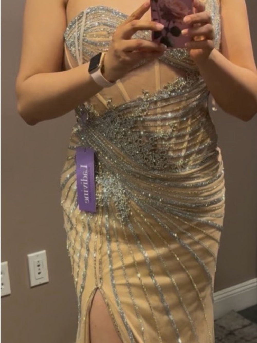 Cinderella Champagne Beaded Prom Dress with Silver Embellishment